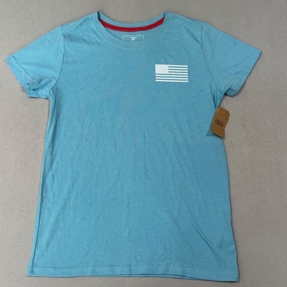 Field & Stream Graphic Tee Womens Small Blue Americana White Flag Short Sleeve